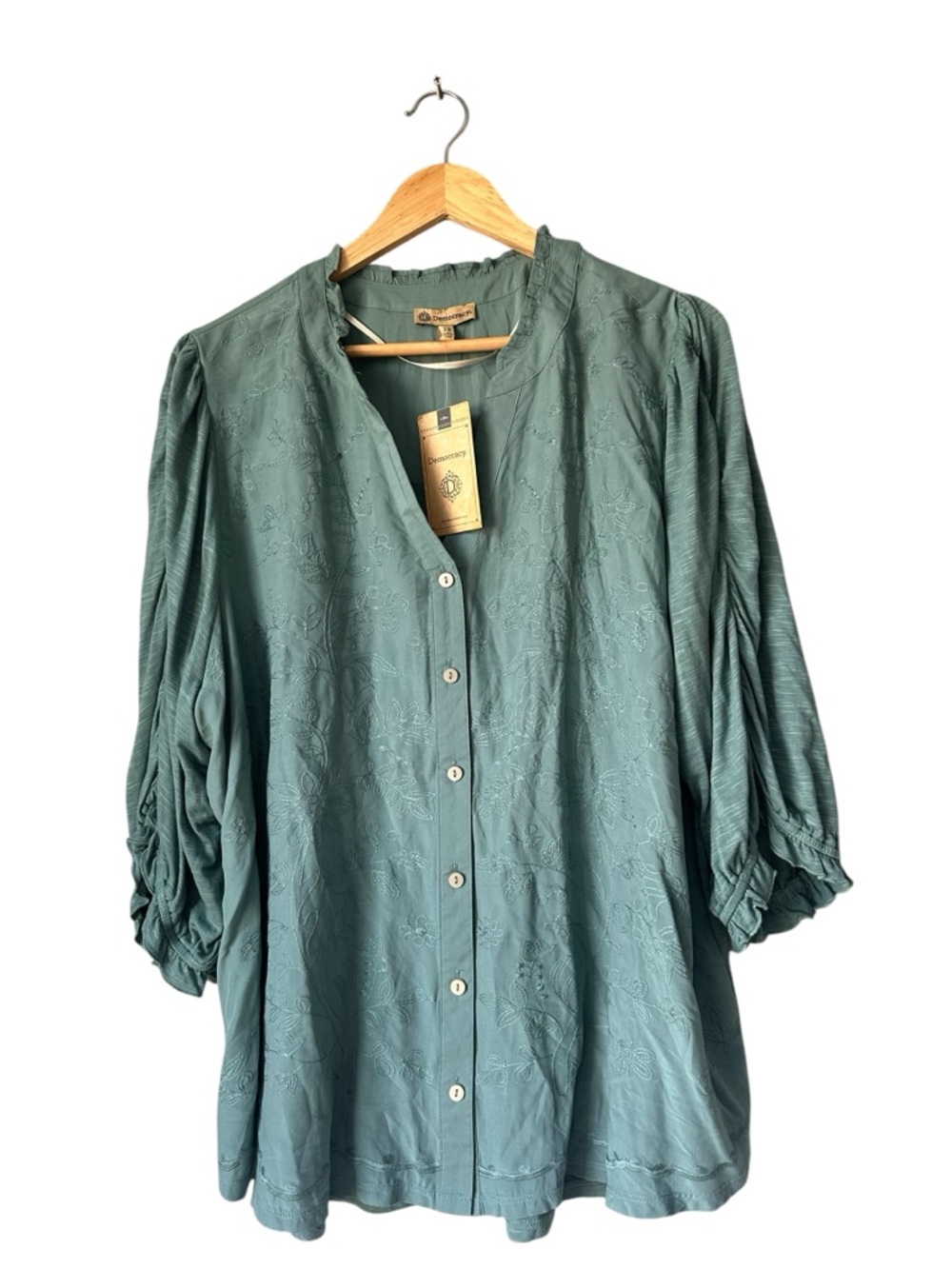 Democracy Teal Green Embroidered Button-Down Summer Blouse, 2X